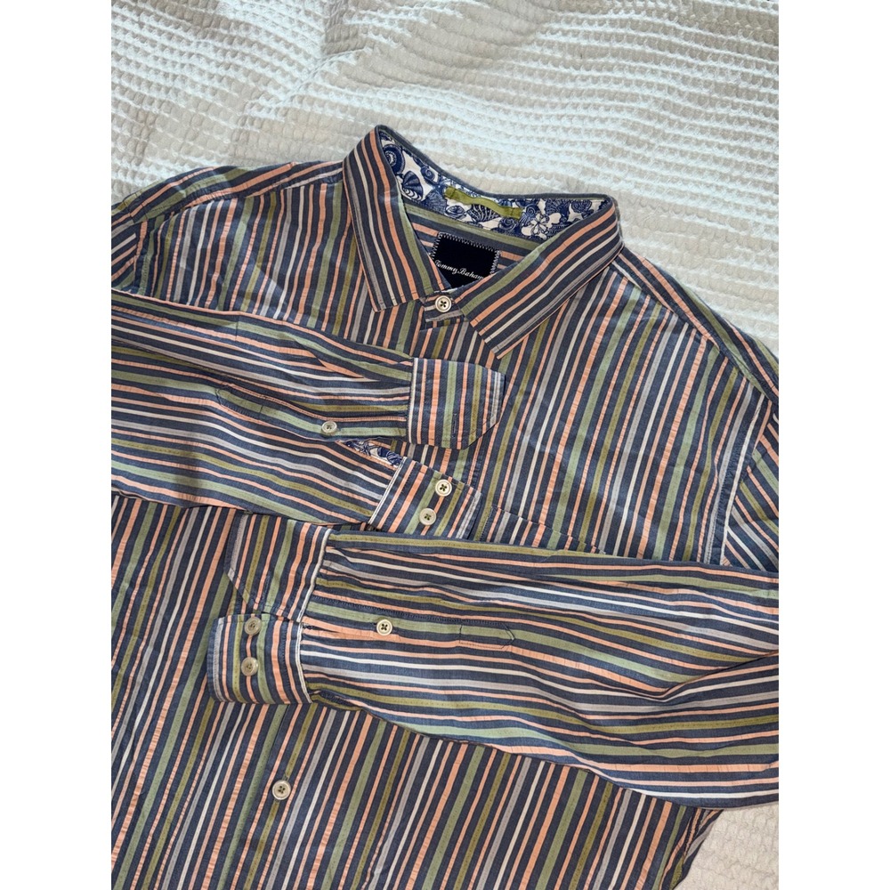 Tommy‎ Bahama Button Down Mens XXL Multi Color Striped Long Sleeve Cotton Shirt